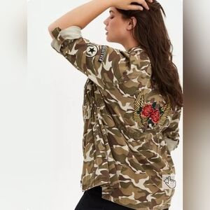 Torrid Camouflage Utility Jacket with Floral Embroidery